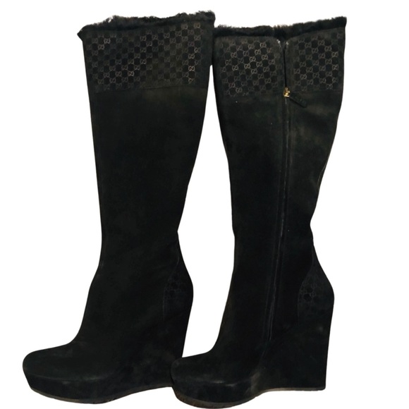 GUCCI Black Suede Courtney Microguccissima Logo Wedge Knee High Boots 37.5 - Picture 3 of 11